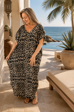 Load image into Gallery viewer, Relaxed Fit Long Leopard Black Print Mykonos Kaftan Dress.  One Size Fits Sizes 10-18
