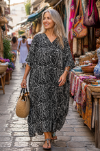 Load image into Gallery viewer, Sundrenched Jungle Black &amp; White Long Kaftan Dress.   One Size Fits All.
