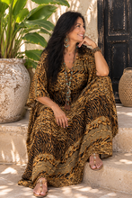Load image into Gallery viewer, Sundrenched Snake Cheetah Gold &amp; Black Long Kaftan Dress. One Size Fits All.
