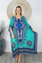 Load image into Gallery viewer, Sundrenched Inca Bling Sequined Teal Long Kaftan Dress.  One Size Fits All.
