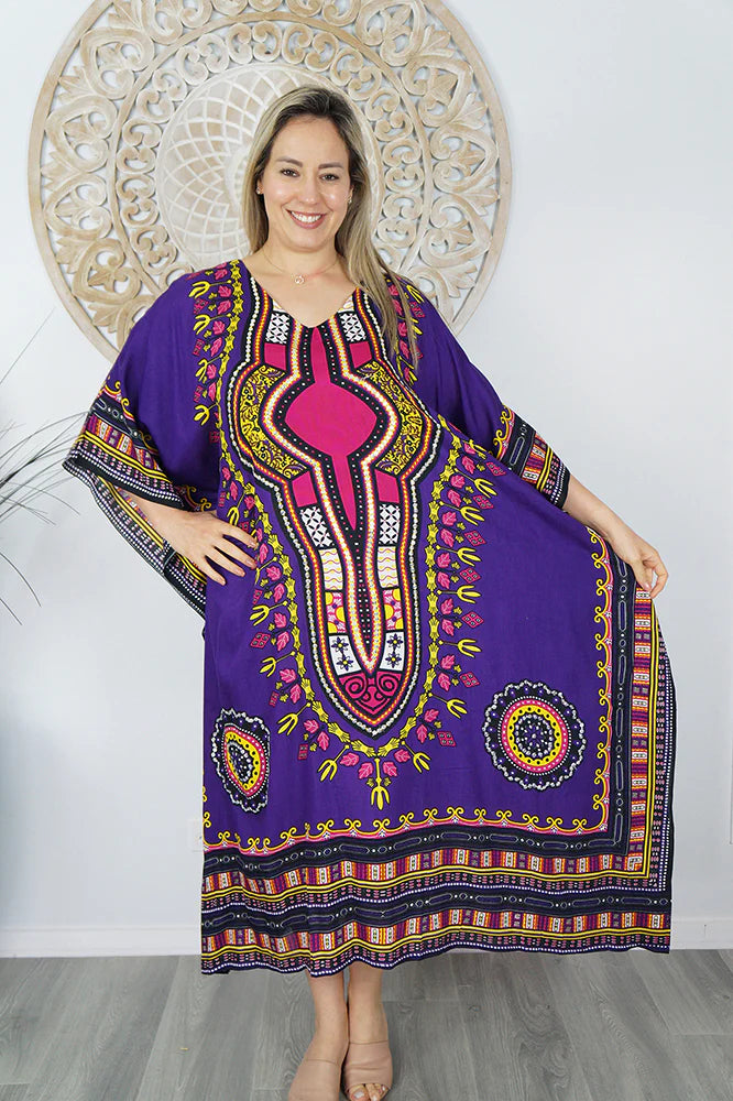 Sundrenched Inca Bling Sequined Purple Long Kaftan Dress.  One Size Fits All.