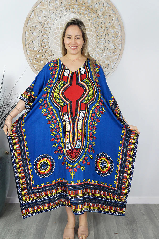 Sundrenched Blue Inca Bling Sequined Long Kaftan Dress.  One Size Fits All.