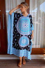 Load image into Gallery viewer, Sundrenched Aqua &amp; Black Tunisia Mandala long kaftan dress with bling.  One Size Fits All.
