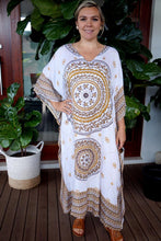 Load image into Gallery viewer, Sundrenched White &amp; Tan Tunisia Mandala Long Kaftan with bling.  One Size Fits All.
