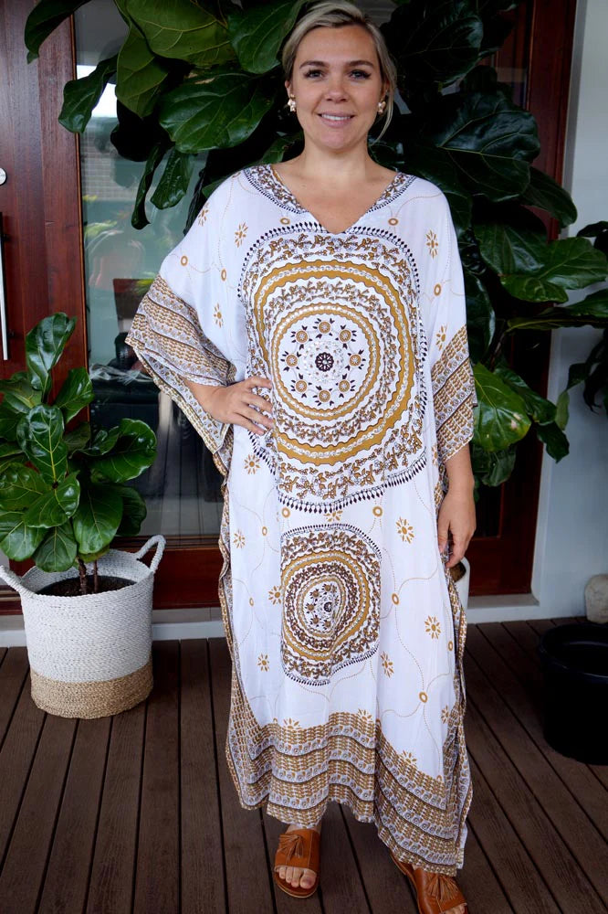 Sundrenched White & Tan Tunisia Mandala Long Kaftan with bling.  One Size Fits All.