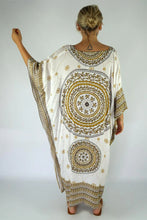 Load image into Gallery viewer, Sundrenched White &amp; Tan Tunisia Mandala Long Kaftan with bling.  One Size Fits All.
