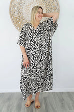 Load image into Gallery viewer, Sundrenched Long Kaftan Dress Asmat Black &amp; White.  One Size Fits All.
