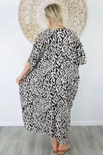 Load image into Gallery viewer, Sundrenched Long Kaftan Dress Asmat Black &amp; White.  One Size Fits All.
