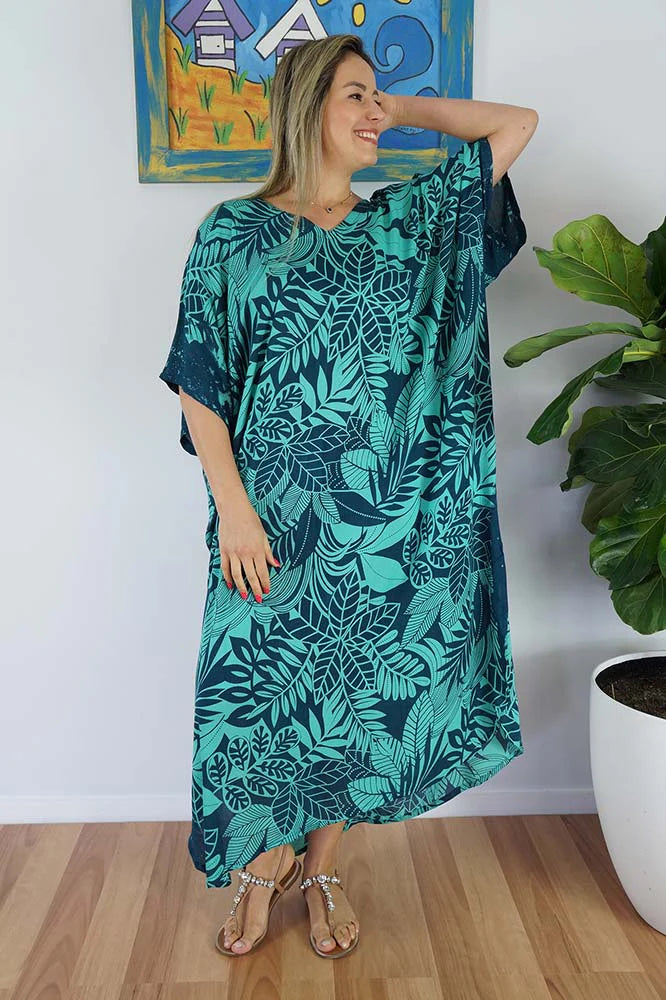 Sundrenched Betelnut Navy/Mint Long Kaftan Dress.  One Size Fits All.