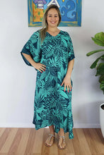 Load image into Gallery viewer, Sundrenched Betelnut Navy/Mint Long Kaftan Dress.  One Size Fits All.
