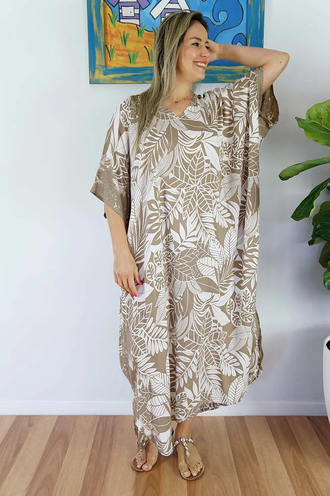 Sundrenched Betelnut Taupe Long Kaftan Dress.  One Size Fits All.