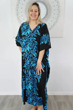 Load image into Gallery viewer, Sundrenched Florida Turquoise &amp; Black Long Kaftan Dress – One Size Fits All
