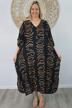 Load image into Gallery viewer, Sundrenched Long Kaftan Dress Black/Tan Half Moon.   One Size Fits All.
