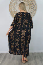 Load image into Gallery viewer, Sundrenched Long Kaftan Dress Black/Tan Half Moon.   One Size Fits All.
