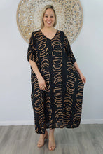 Load image into Gallery viewer, Sundrenched Long Kaftan Dress Black/Tan Half Moon.   One Size Fits All.
