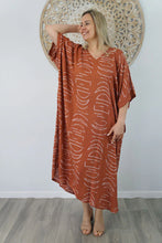 Load image into Gallery viewer, Sundrenched Long Kaftan Dress Terracotta Half Moon.   One Size Fits All.
