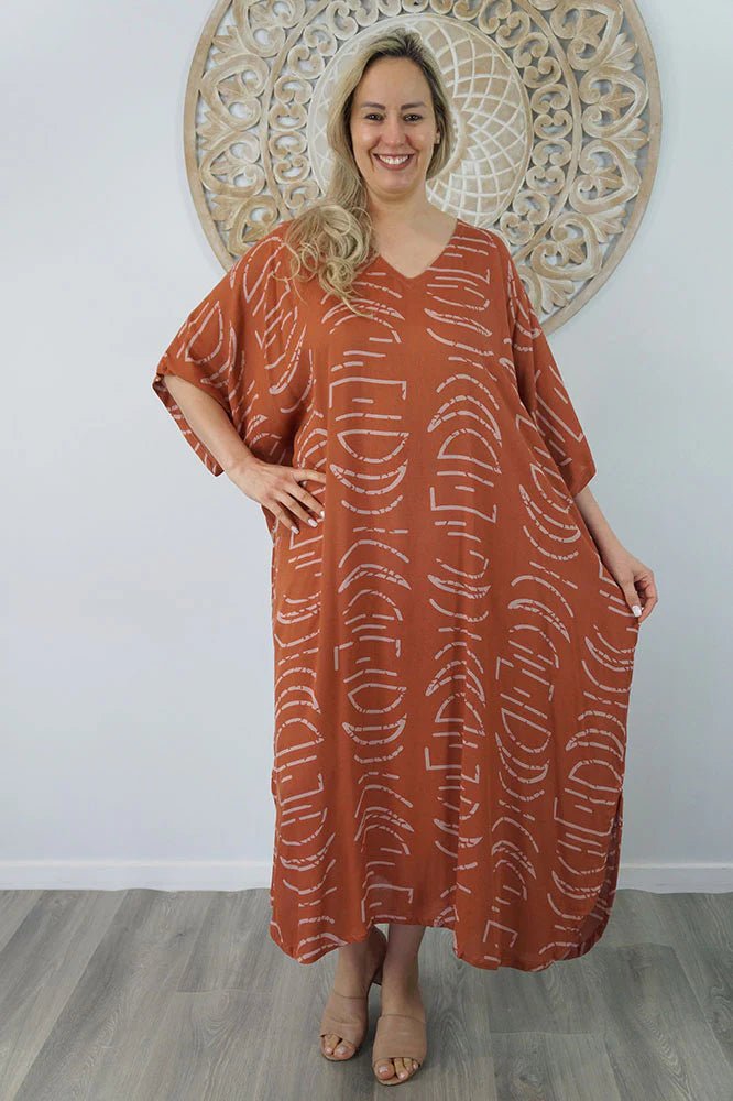 Sundrenched Long Kaftan Dress Terracotta Half Moon.   One Size Fits All.