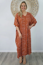 Load image into Gallery viewer, Sundrenched Long Kaftan Dress Terracotta Half Moon.   One Size Fits All.
