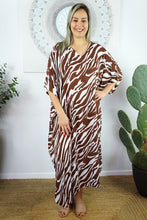 Load image into Gallery viewer, Sundrenched Long Kaftan Dress Zebra Brown.   One Size Fits All.
