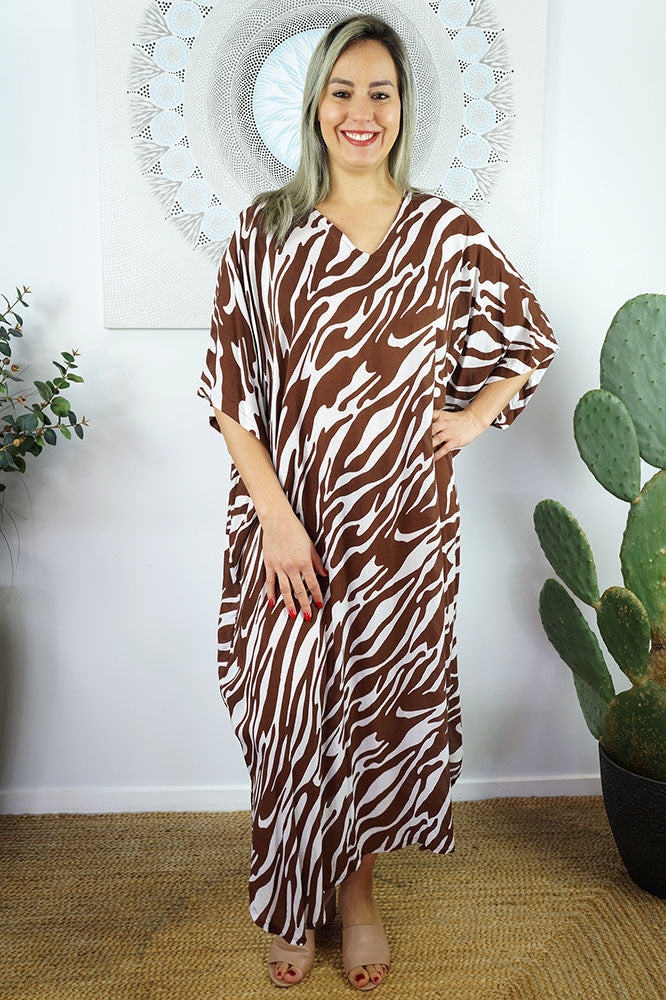 Sundrenched Long Kaftan Dress Zebra Brown.   One Size Fits All.