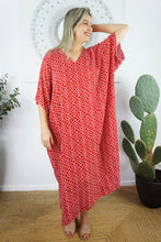 Load image into Gallery viewer, Sundrenched Long Kaftan Dress Links Red &amp; White .  One Size Fits All.
