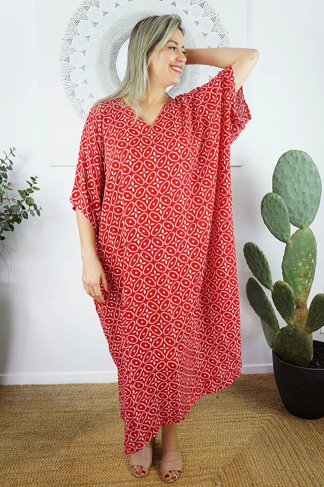 Sundrenched Long Kaftan Dress Links Red & White .  One Size Fits All.