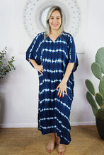 Load image into Gallery viewer, Sundrenched Nirvana Tie Dye Navy &amp; Blue  Long Kaftan Dress.  One Size Fits All.
