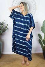 Load image into Gallery viewer, Sundrenched Nirvana Tie Dye Navy &amp; Blue  Long Kaftan Dress.  One Size Fits All.
