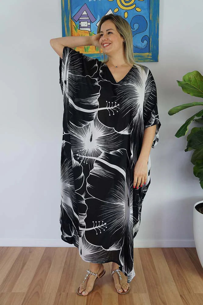 Sundrenched Outline Black & White Long Kaftan Dress.  One Size Fits All.