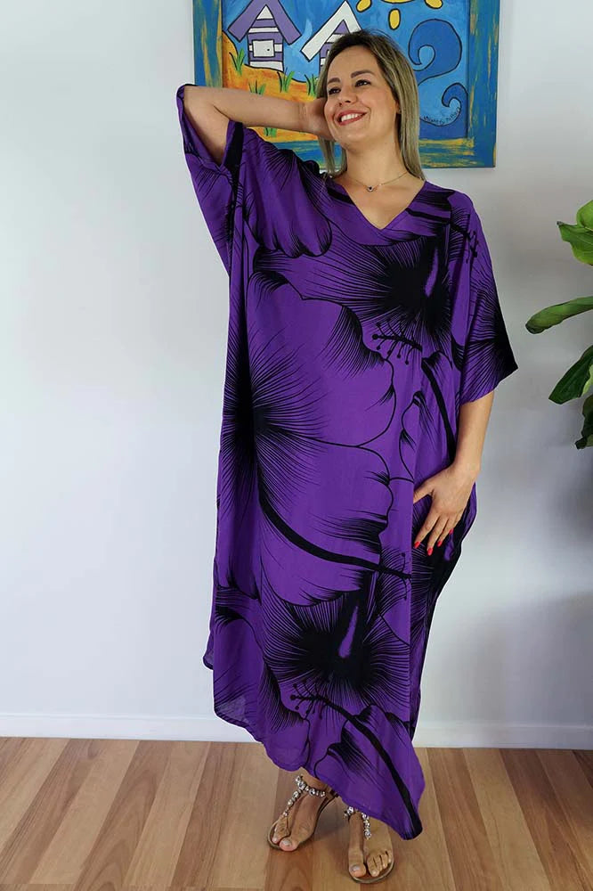 Sundrenched Outline Purple Long Kaftan Dress.  One Size Fits All.