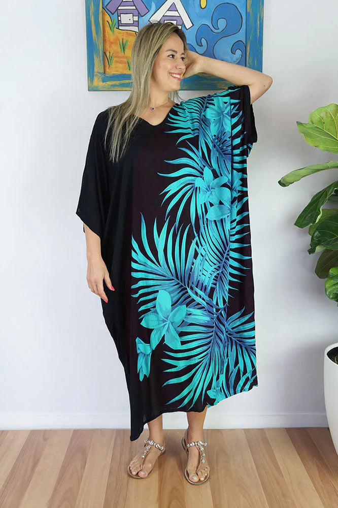 Sundrenched Palm Frond Blue & Black long kaftan dress.  One Size Fits All.
