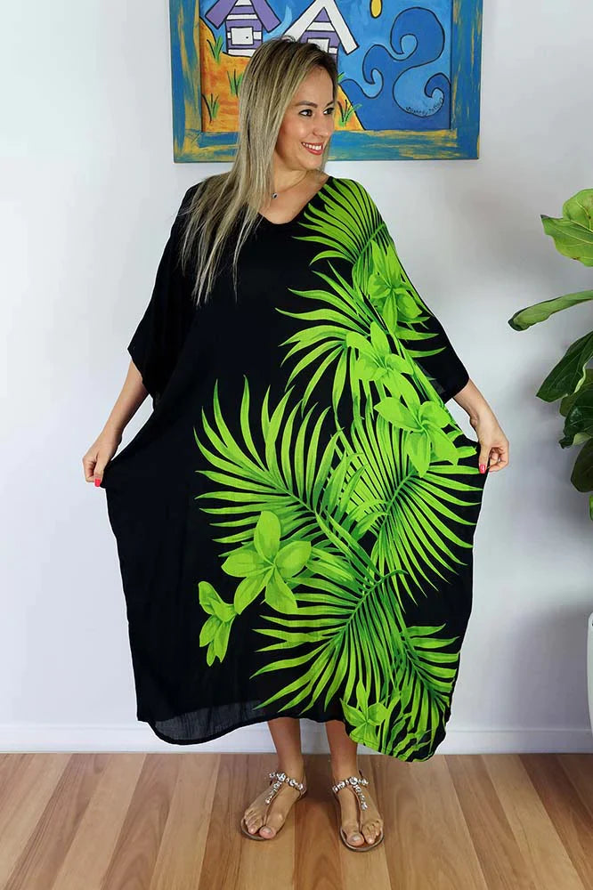 Sundrenched Palm Frond print lime green & black long kaftan.  One Size Fits All.