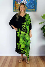 Load image into Gallery viewer, Sundrenched Palm Frond print lime green &amp; black long kaftan.  One Size Fits All.
