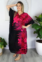 Load image into Gallery viewer, Sundrenched Palm Frond pink &amp; black long kaftan.  One Size Fits All.
