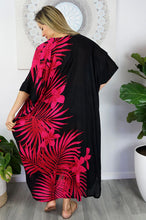 Load image into Gallery viewer, Sundrenched Palm Frond pink &amp; black long kaftan.  One Size Fits All.
