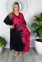 Load image into Gallery viewer, Sundrenched Palm Frond pink &amp; black long kaftan.  One Size Fits All.
