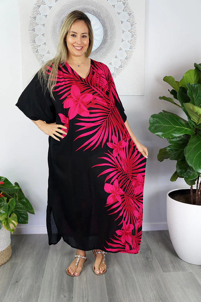 Sundrenched Palm Frond pink & black long kaftan.  One Size Fits All.