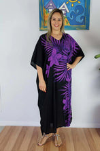 Load image into Gallery viewer, Sundrenched Palm Print Purple &amp; Black Long Kaftan Dress.  One Size Fits All.
