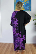 Load image into Gallery viewer, Sundrenched Palm Print Purple &amp; Black Long Kaftan Dress.  One Size Fits All.
