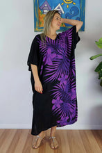 Load image into Gallery viewer, Sundrenched Palm Print Purple &amp; Black Long Kaftan Dress.  One Size Fits All.
