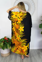 Load image into Gallery viewer, Sundrenched Palm Frond Gold Long Kaftan Dress.  One Size Fits All.
