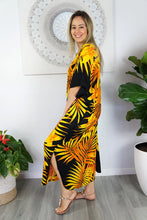 Load image into Gallery viewer, Sundrenched Palm Frond Gold Long Kaftan Dress.  One Size Fits All.
