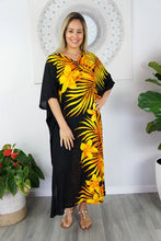 Load image into Gallery viewer, Sundrenched Palm Frond Gold Long Kaftan Dress.  One Size Fits All.
