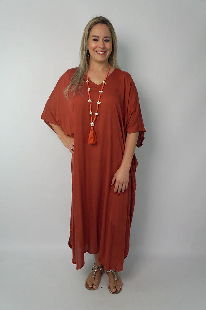 Sundrenched Long Kaftan Dress in Plain Rust .  One Size Fits All.