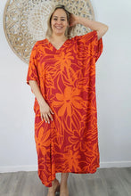 Load image into Gallery viewer, Sundrenched Raratonga Orange Long Kaftan Dress. One Size Fits All.
