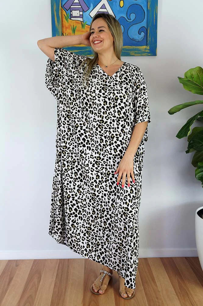 Long Sundrenched Safari kaftan black & beige animal print.  One size fits all.  