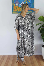 Load image into Gallery viewer, Sundrenched Animal Print Black &amp; White Long Kaftan Dress.  One Size Fits All.
