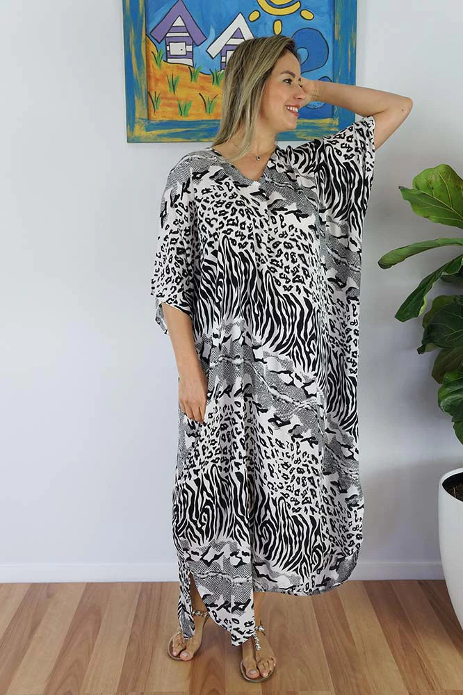 Sundrenched Animal Print Black & White Long Kaftan Dress.  One Size Fits All.