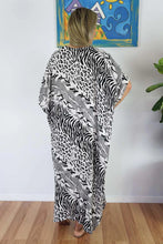 Load image into Gallery viewer, Sundrenched Animal Print Black &amp; White Long Kaftan Dress.  One Size Fits All.
