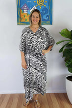 Load image into Gallery viewer, Sundrenched Animal Print Black &amp; White Long Kaftan Dress.  One Size Fits All.
